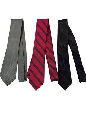 Calvin Klein 100% Silk Necktie Stripe Geo Tie Red Black Gray 59.5" X 4"Lot of 3
